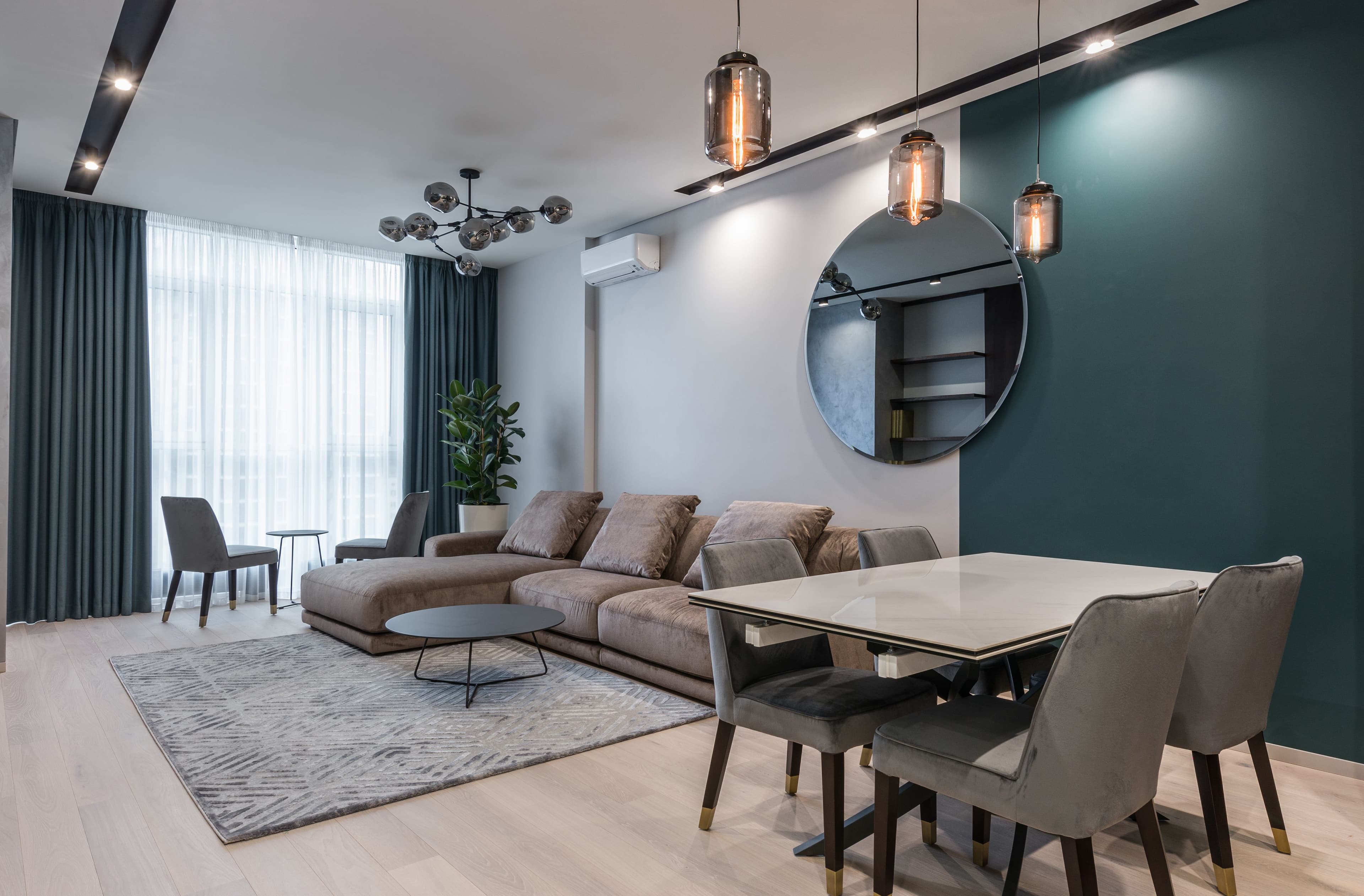Luxury lounge and dining area in a fully furnished serviced accommodation property